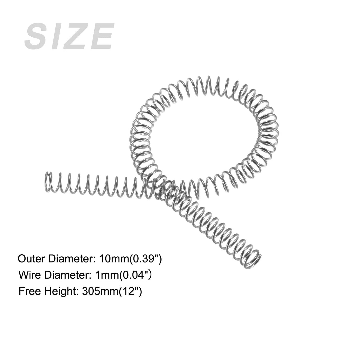 Heavy Duty Stainless Steel Extension Spring 304 SS, 10mm Outer Diameter, 1mm Wire, 305mm Free Length for Shop and Home Repairs DIY Projects Appliances Lawn Mowers Electronics Silver Tone, coiled view on white background