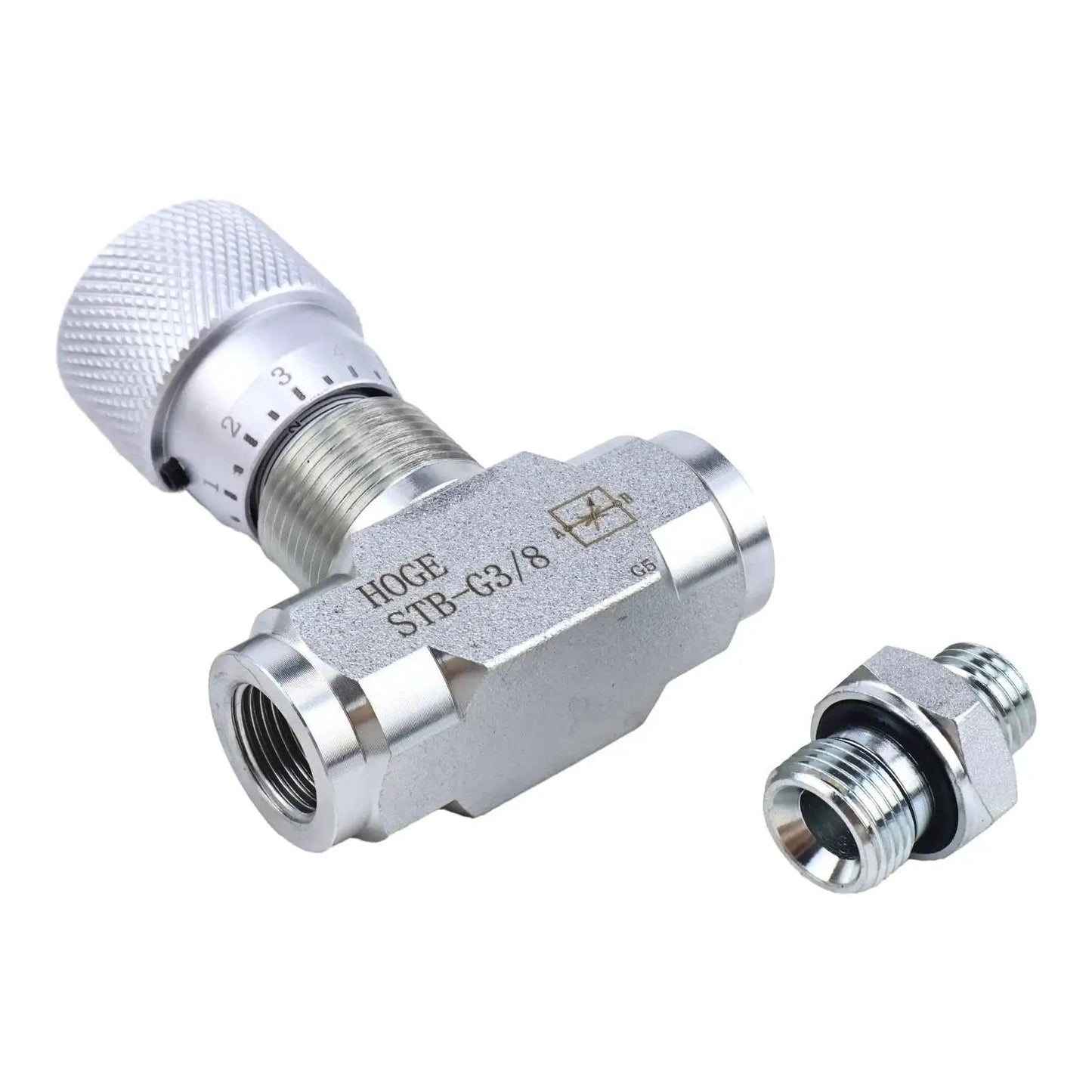 Hydraulic Flow Control Valve Bidirectional Throttle Valve STB-G3/8 fits mini excavator, L8 connectors at both ends, metal body