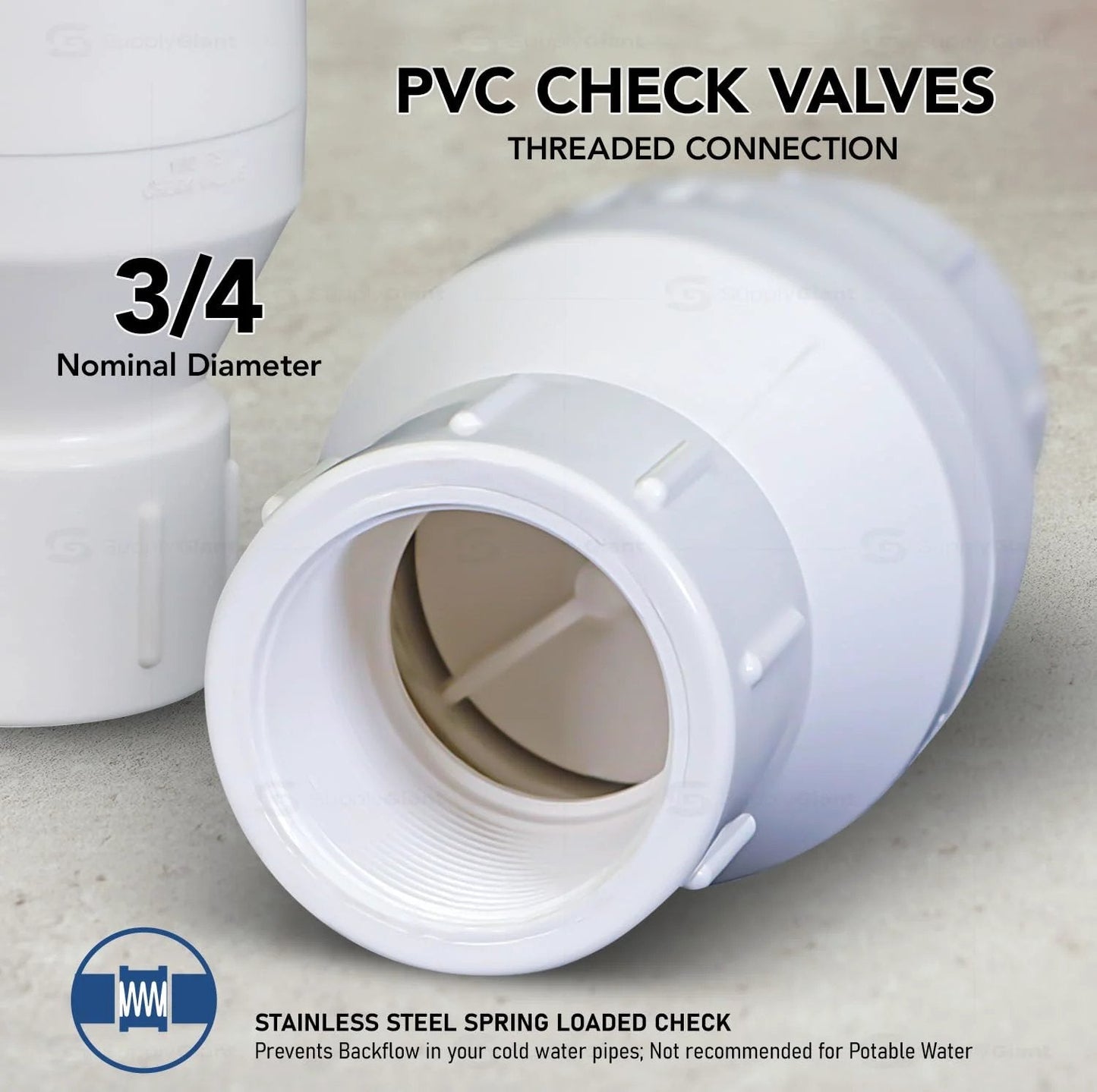 Front view of PVC Inline Check Valve For Backflow Prevention Three Quarter Inch FIP White Plastic Not For Potable Water