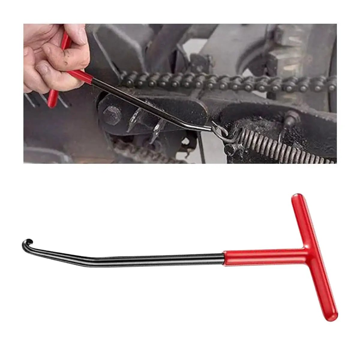 Motorcycle Exhaust Spring Hook T Handle Rubber Coated Puller Tool shown in use and close-up view