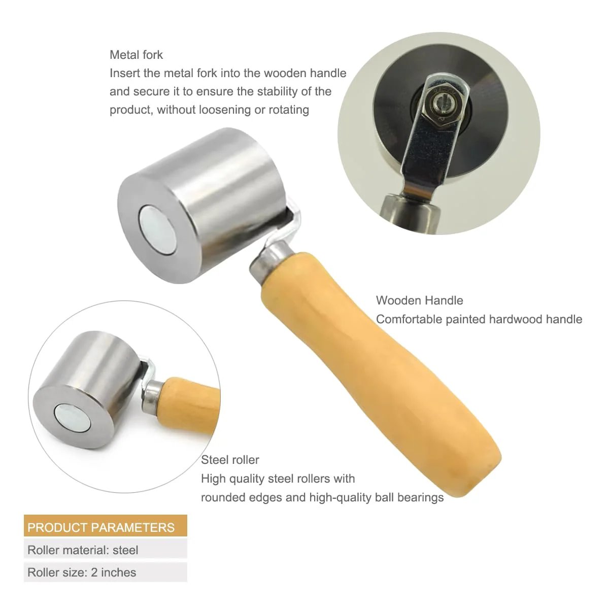 Metal Seam Roller With Wood Handle Stainless Steel Heavy Duty Seven Inch Length Two And A Half Inch Width One Half Inch Handle Diameter Perfect For Eternabond Tape RV Roof Repair Hot Air Welding And Auto Sound Deadening Projects