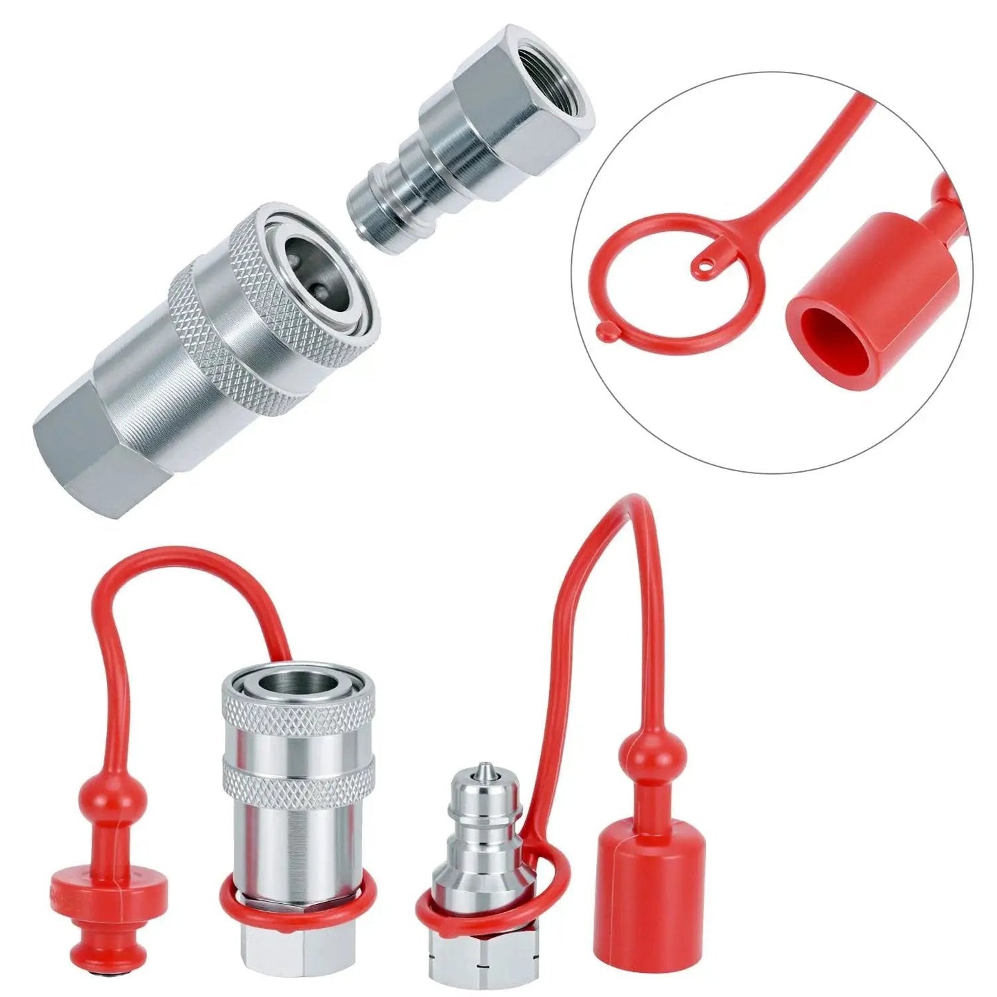 Rugged 1/4 Inch Hydraulic Quick Connect Coupler Set With Dust Caps, 3600 PSI Rating, Hardened Steel Poppet Valve, 1/4 Inch NPT Thread