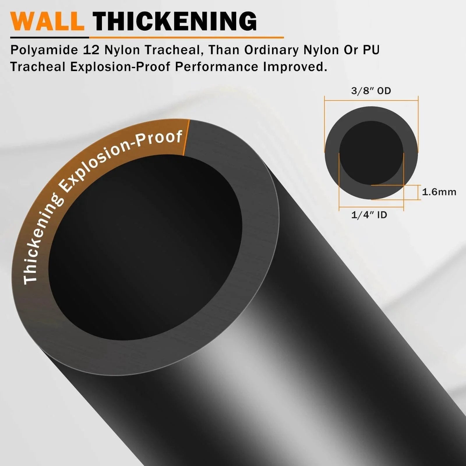 Close-up of Nylon DOT Air Line Three Eighths Inch Outer Diameter Pneumatic Tubing showing wall thickness and dimensions.