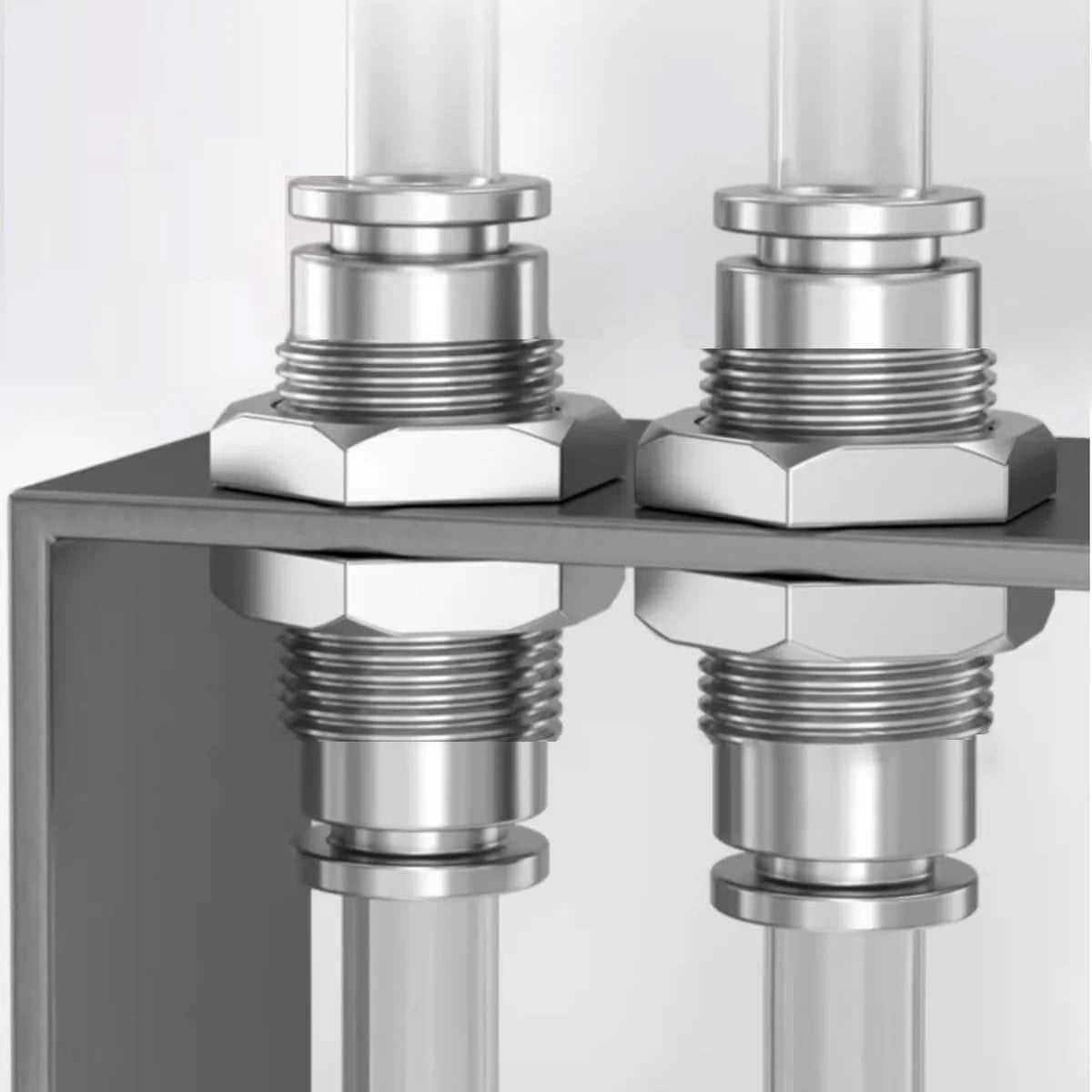 Installed Bulkhead Union Push To Connect Pneumatic Fitting 3/8 Inch Tube OD, 304 Stainless Steel, on metal wall