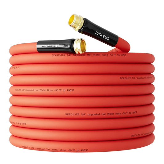 Hot And Cold Rubber Garden Hose Five Eighth Inch Fifty Foot Long With Brass Fittings, Handles Hot Water To 190 Fahrenheit And Cold To Minus 50