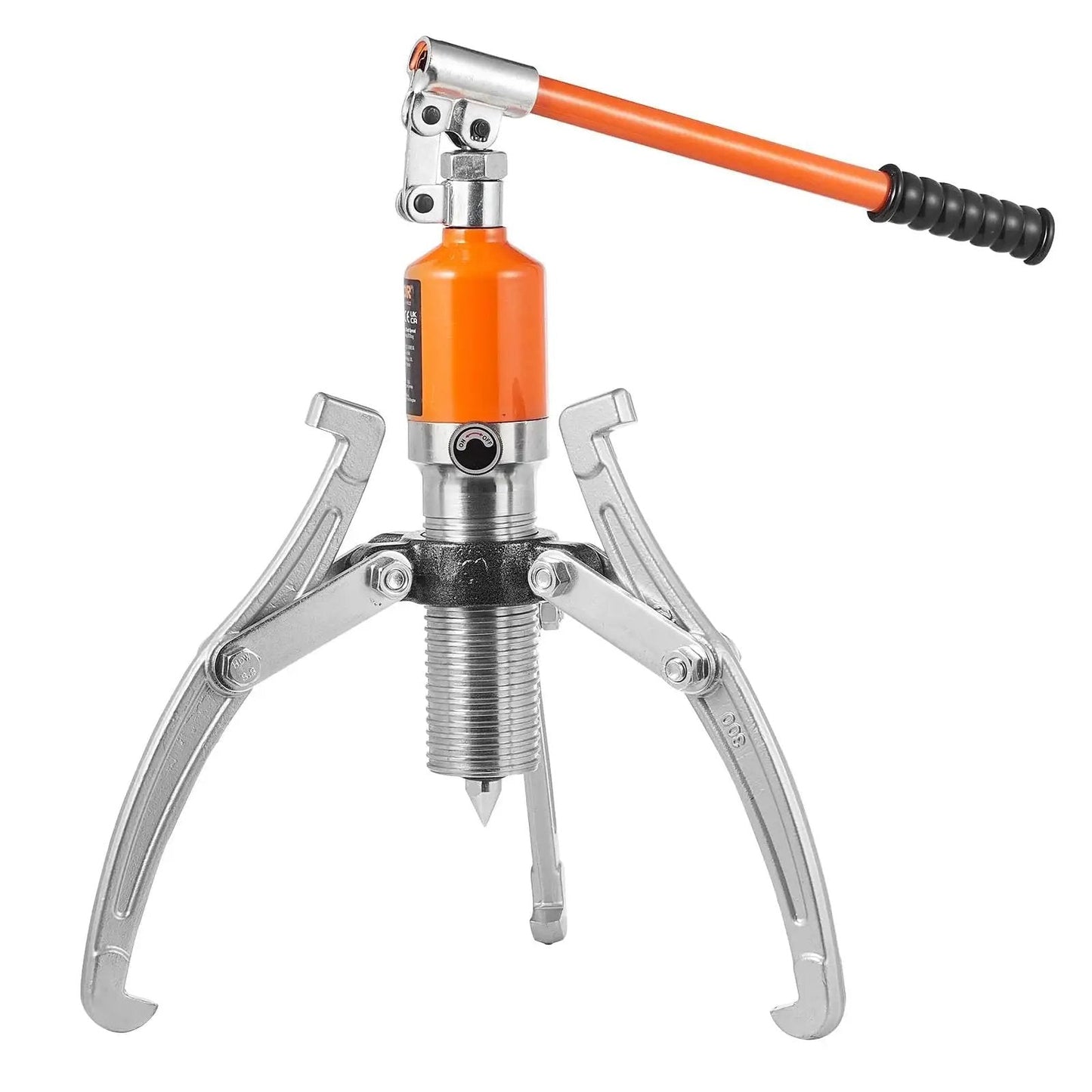 15 Ton Hydraulic Gear Puller with 12in Jaws for Bearing Removal Case Included, front view showing orange handle and metal jaws.