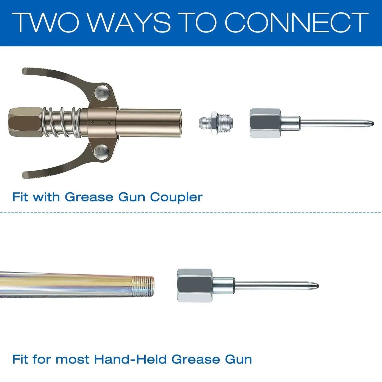 Two connection methods for Needle Nose Grease Nozzle for Hand Operated Grease Gun with Narrow Needle Adapter and Fittings.