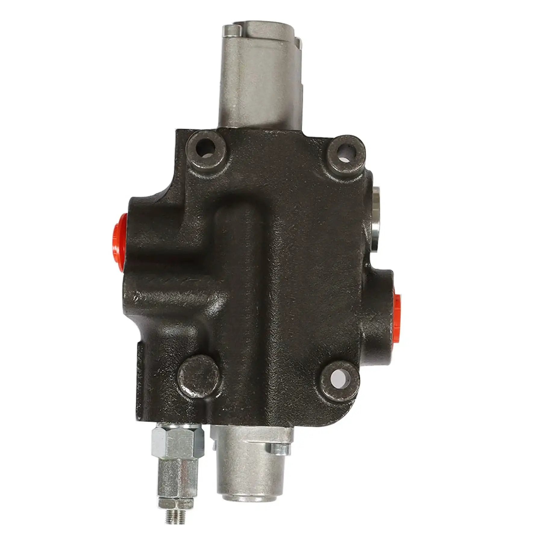 Heavy Duty 1 Spool Hydraulic Valve 4 Way 3 Position Spring Center, cast iron, front view, with SAE inlet outlet ports, for tractors and tanks.