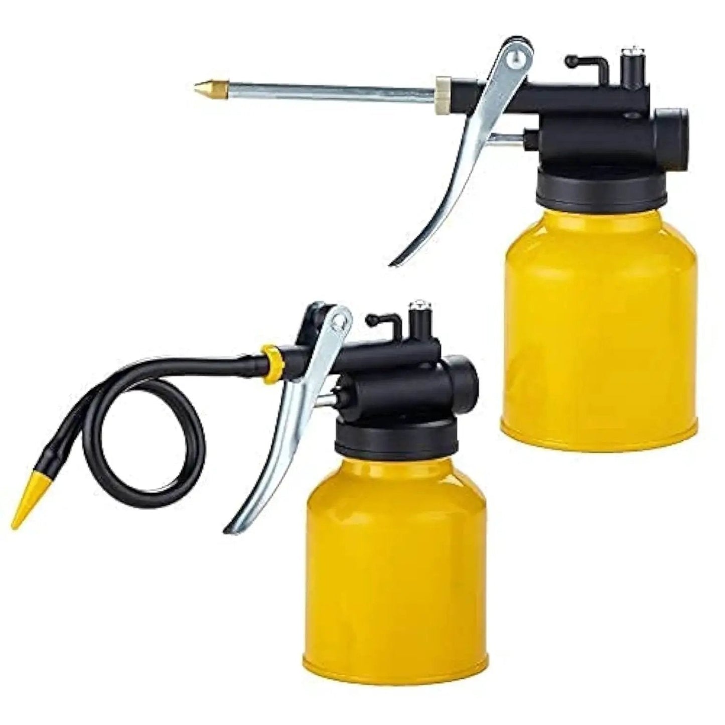 Professional 8 Oz Hand Pump Oil Can With Metal Construction and Long Flexible Spout for precise lubrication, yellow metal body.