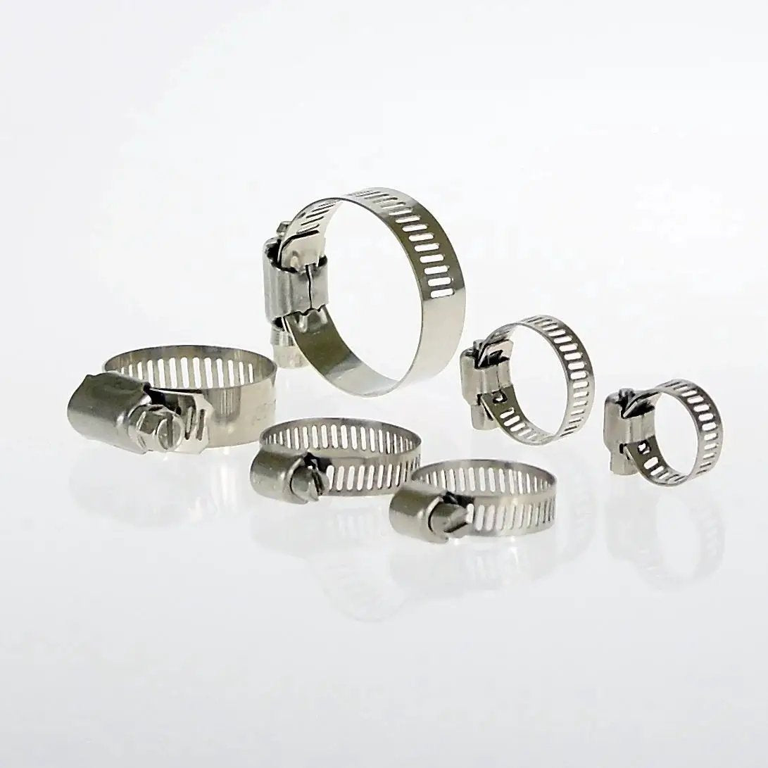 Stainless Steel Hose Clamp Assortment Kit With 26 Pieces And Storage Case Worm Gear Design shown with various clamp sizes.