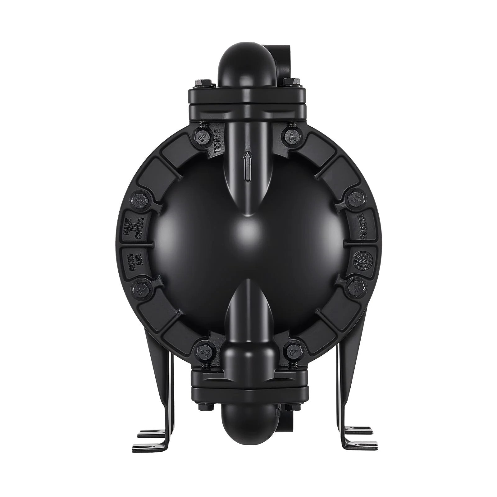 Front view of air operated double diaphragm pump for oil and fuel transfer, 35 GPM, 1 inch inlet, aluminum body, 114 PSI.