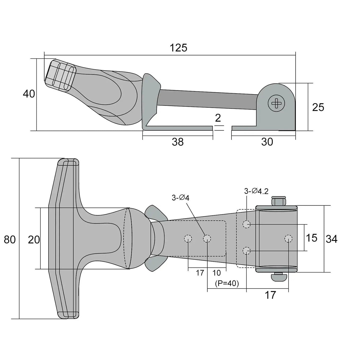 Diagram of Elastic Rubber Hood Latch Set With Stainless Brackets And T Handle showing dimensions and assembly details.
