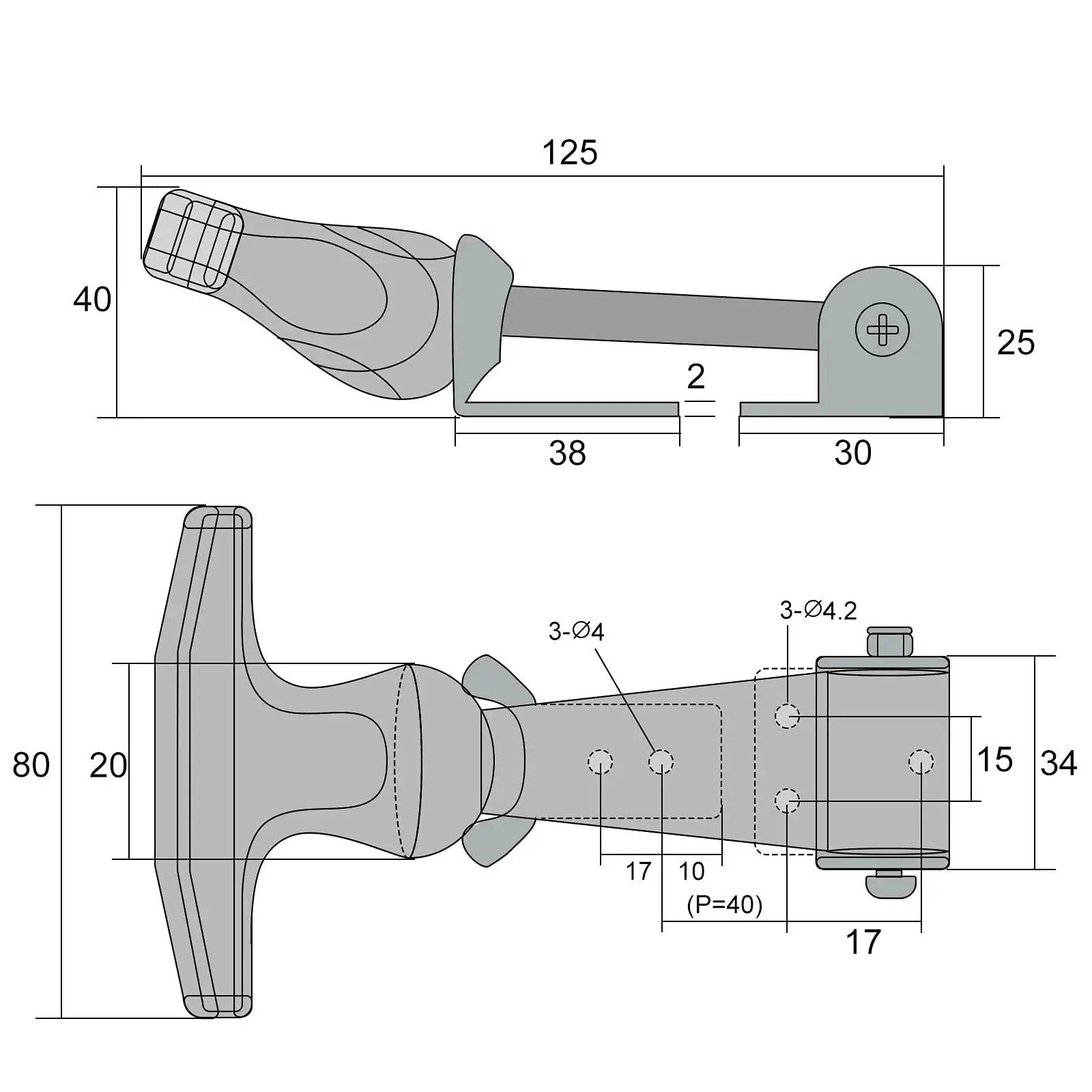 Diagram of Elastic Rubber Hood Latch Set With Stainless Brackets And T Handle showing dimensions and assembly details.