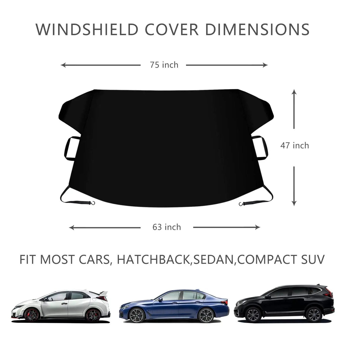 Thickened All Weather Windshield Cover For Ice And Snow With Side Mirror Covers Waterproof Frost Shield For Cars SUVs And Vans Easy Install Outdoor Windshield Protector 75 By 47 Inches showing dimensions and fit for various vehicle types.