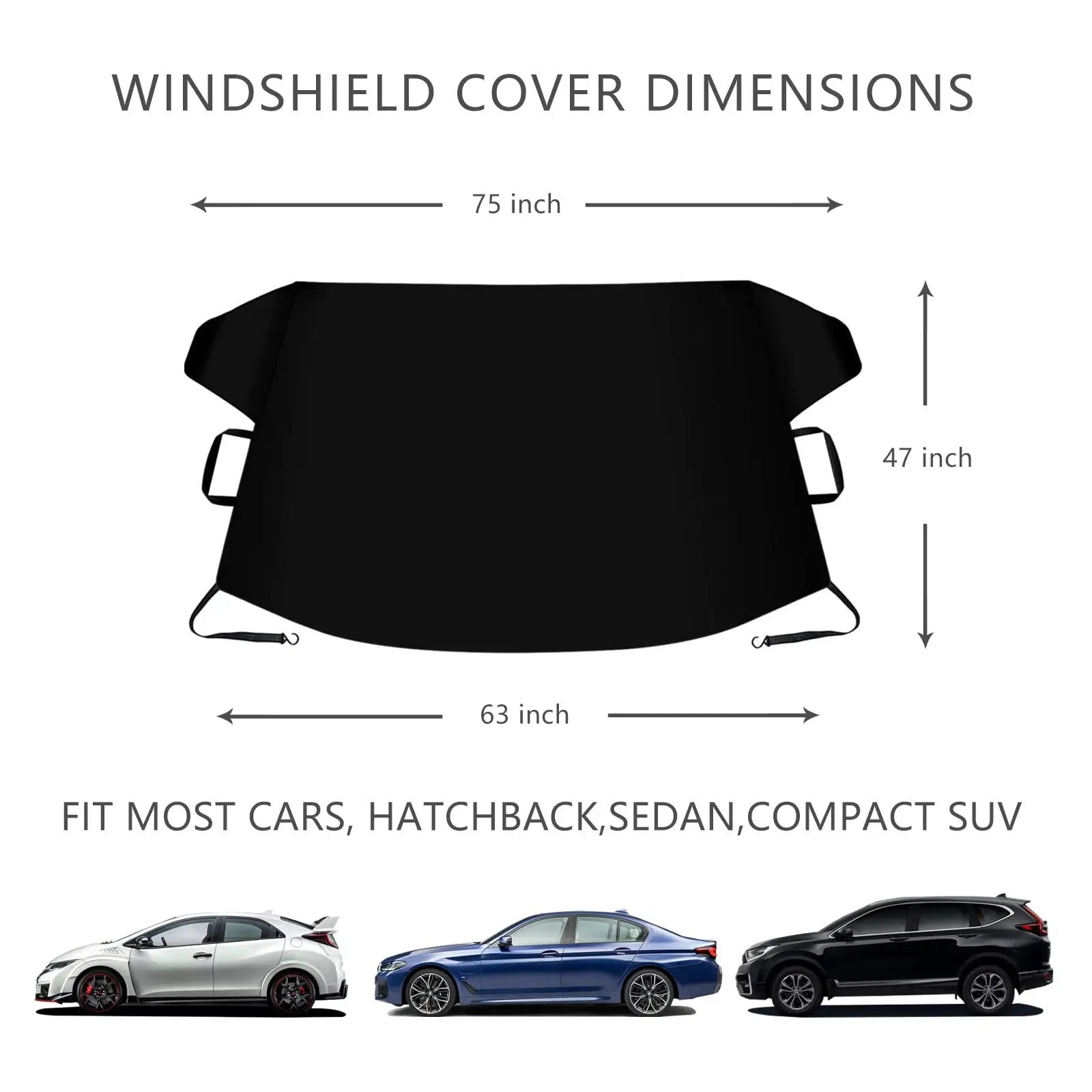 Thickened All Weather Windshield Cover For Ice And Snow With Side Mirror Covers Waterproof Frost Shield For Cars SUVs And Vans Easy Install Outdoor Windshield Protector 75 By 47 Inches showing dimensions and fit for various vehicle types.