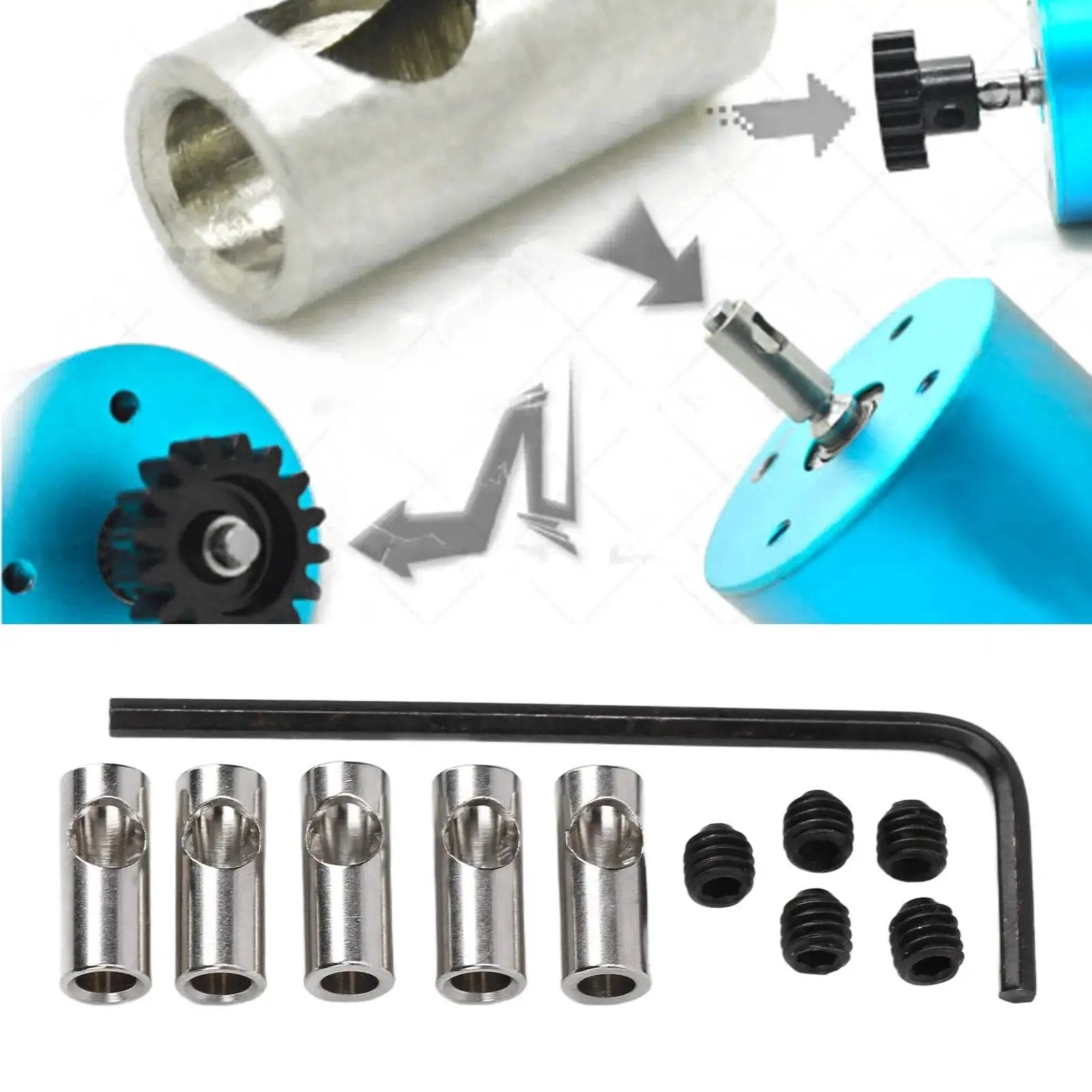 RC Pinion Gear Adapter 3.175mm To 5mm Shaft Reducer Sleeve kit with stainless steel construction and aligning tool for 3650 550 540 motors.