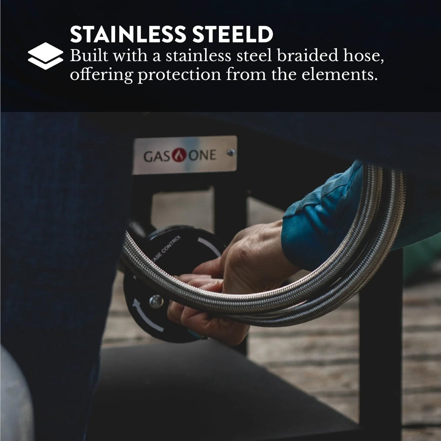Person connecting Adjustable 0-20 PSI Propane Regulator With 4 Foot Steel Braided Hose for Burners to an outdoor device