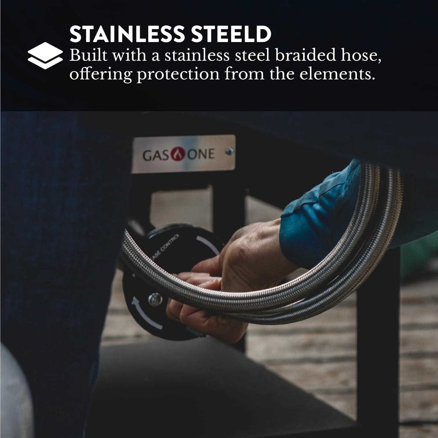 Person connecting Adjustable 0-20 PSI Propane Regulator With 4 Foot Steel Braided Hose for Burners to an outdoor device