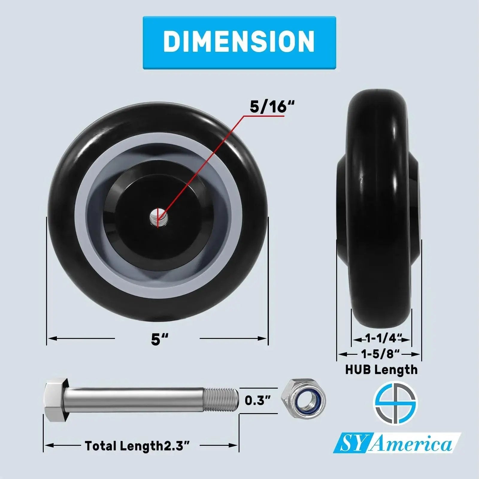 5 Inch Shopping Cart Replacement Wheels Kit With Dual Precision Bearings, showing dimensions and hub measurements