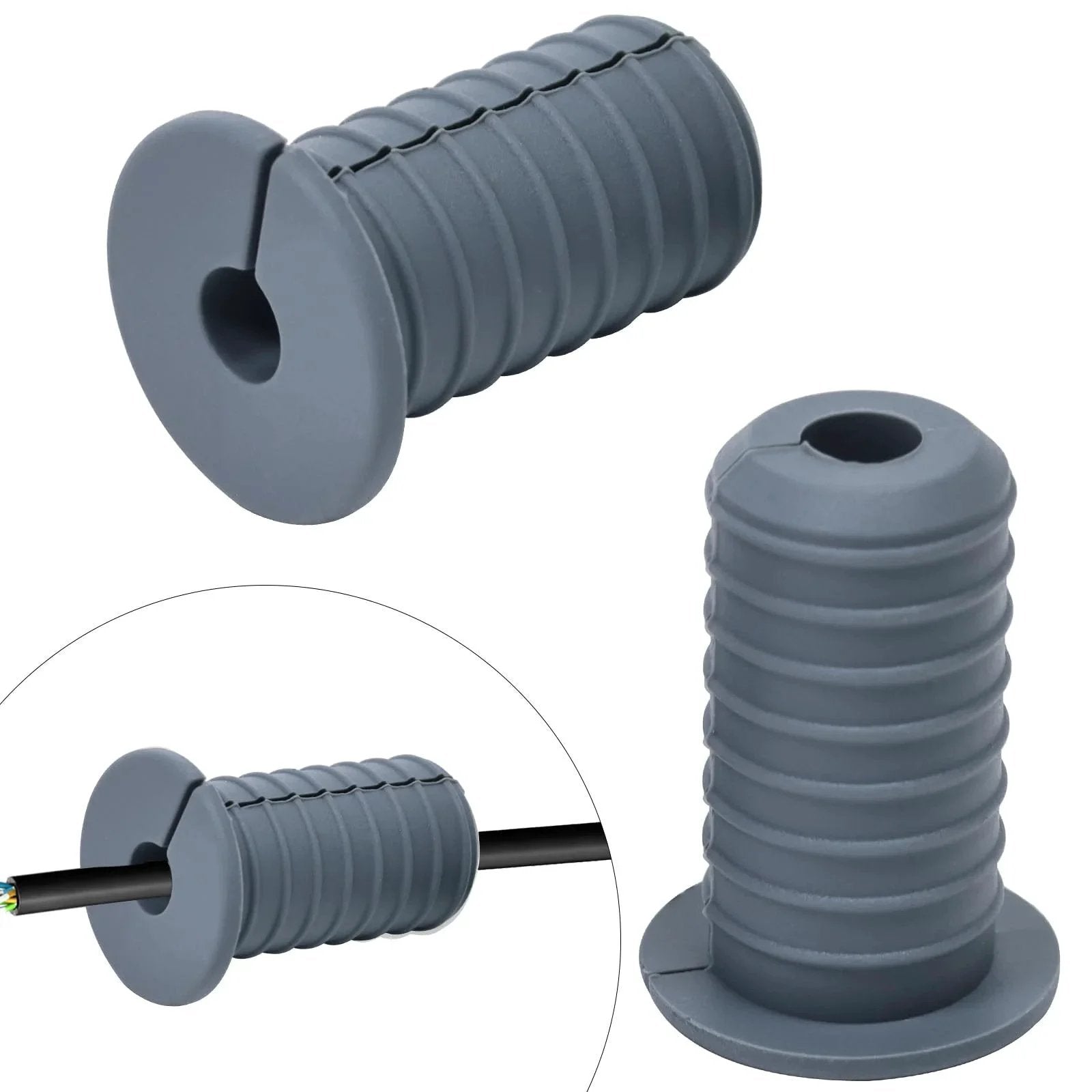 Two Pack Cable Grommet Three Quarters Inch Silicone Anti Slip Wall Hole Pass Through Split Cable Bushings, 38mm Height Grey Matte