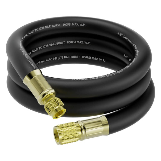 HVAC Vacuum Hose Six Foot Length With Three Eighths Inch Internal Diameter And Three Eighths To Quarter Inch Fittings Vacuum Certified High Flow Hose 800 PSI Working Pressure And 4000 PSI Burst Built For Refrigeration And Air Conditioning Equipment coiled with brass fittings