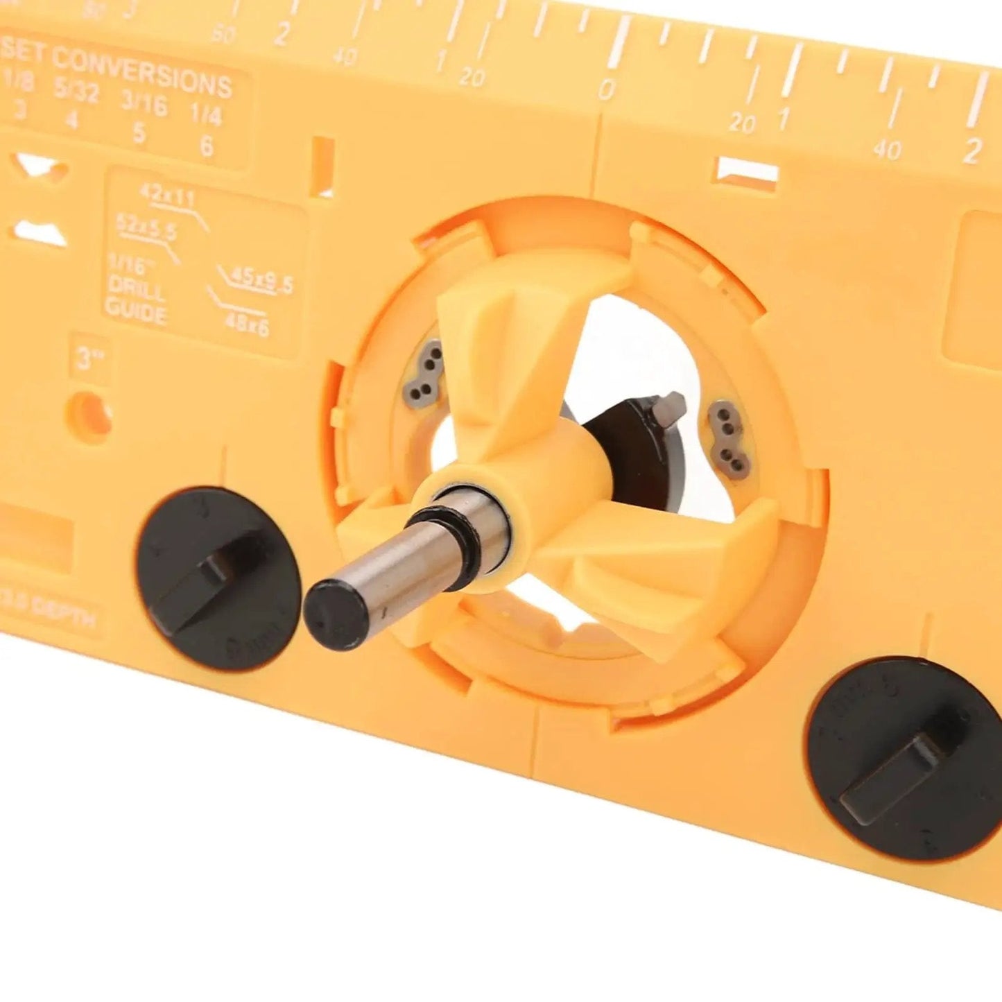 Close-up of 35mm Hinge Boring Jig for Woodworking, Pro Grade Precision Drill Guide Locator With Cutter in bright yellow ABS.