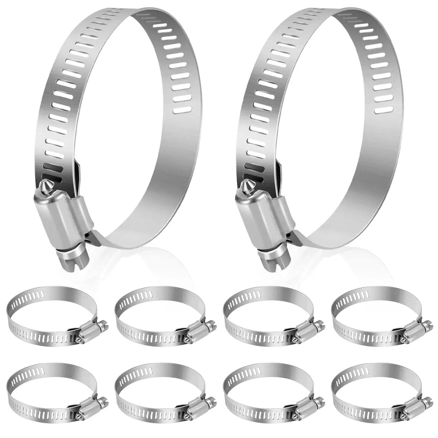 Stainless Steel Hose Clamps 3 To 4 Inches Adjustable Worm Gear 10 Piece Kit for Fuel Line, Plumbing, and Automotive Use, showing clamps