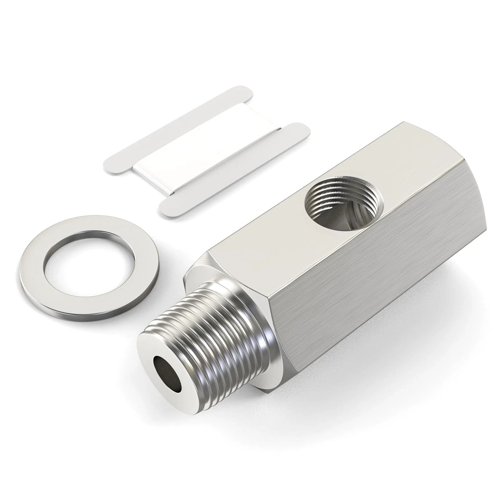 Stainless Steel One Quarter NPT Oil Pressure Sensor Tee Adapter Fitting, One Quarter NPT Female To Male, Includes One Eighth NPT Female Port