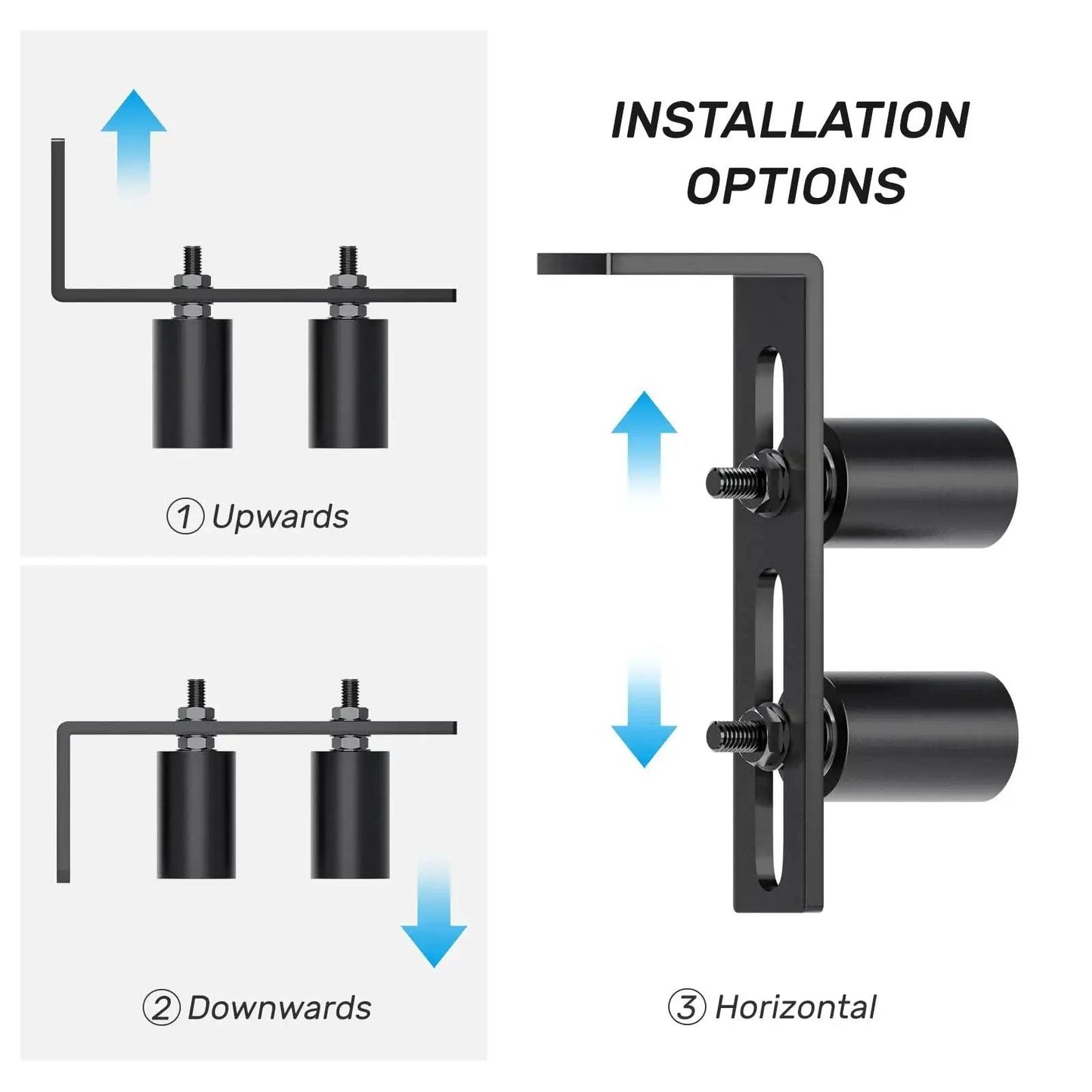 Installation options for Heavy Duty Slide Gate Guide Roller 3 Inch With L Shaped Rear Post Bracket showing vertical and horizontal positions.