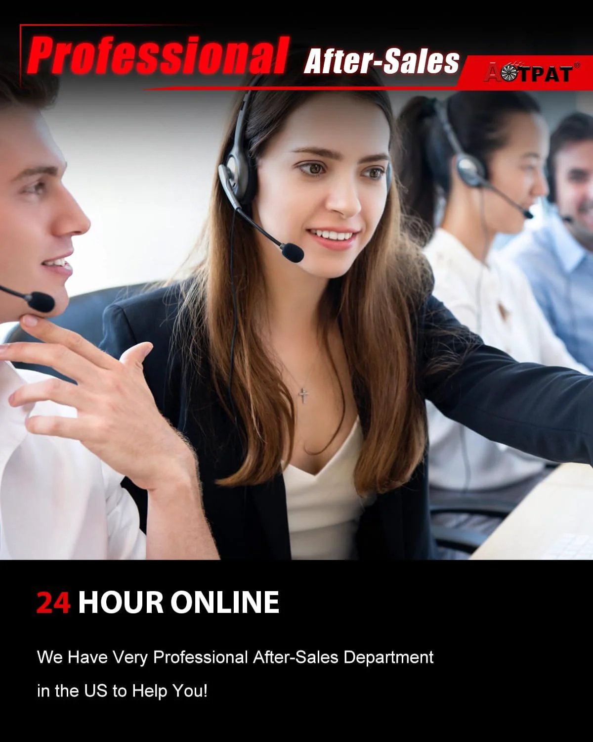 Customer service team providing 24-hour online after-sales support, with professionals wearing headsets and assisting clients.
