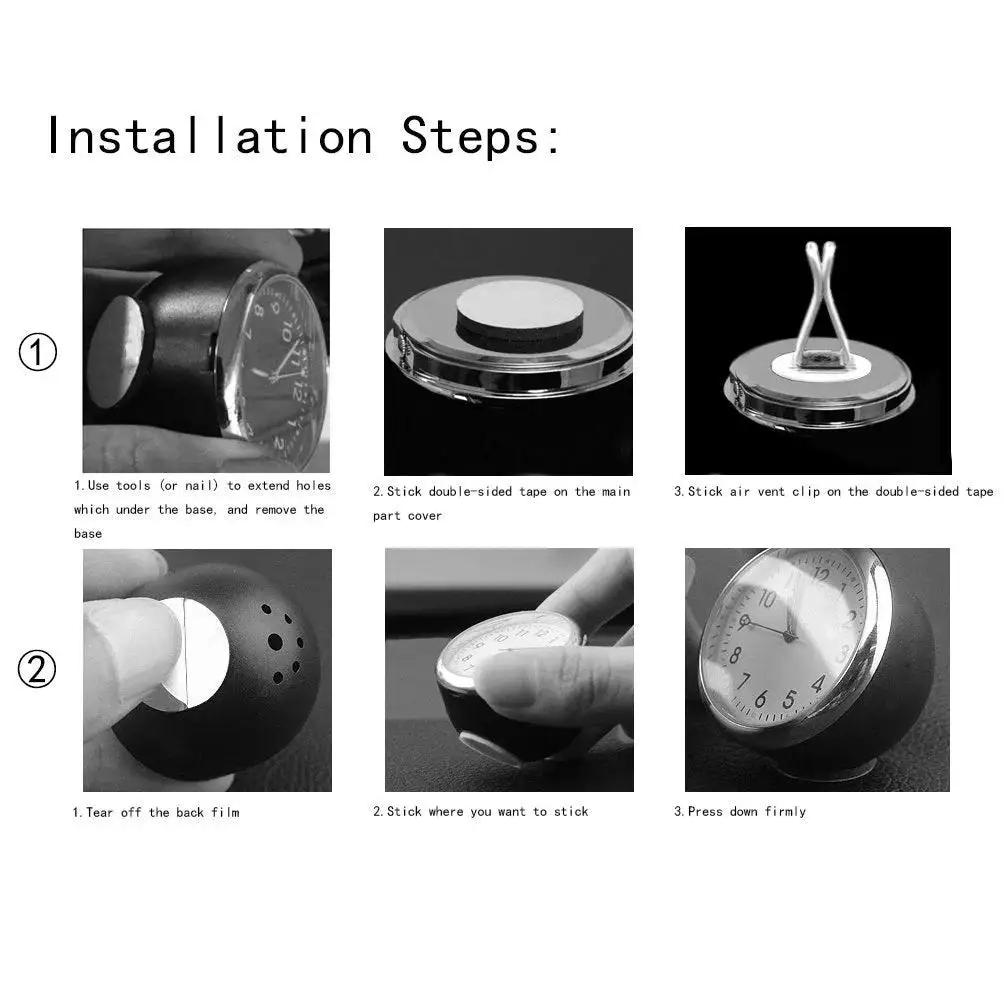 Installation steps for Mini Car Dashboard Thermometer Clip For Air Vent With Night Glow showing vent attachment and seal placement.