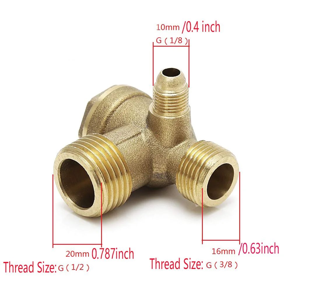 Three Port Brass Check Valve For Air Compressors showing thread sizes G1/8, G3/8, G1/2, solid brass, high flow pneumatic use