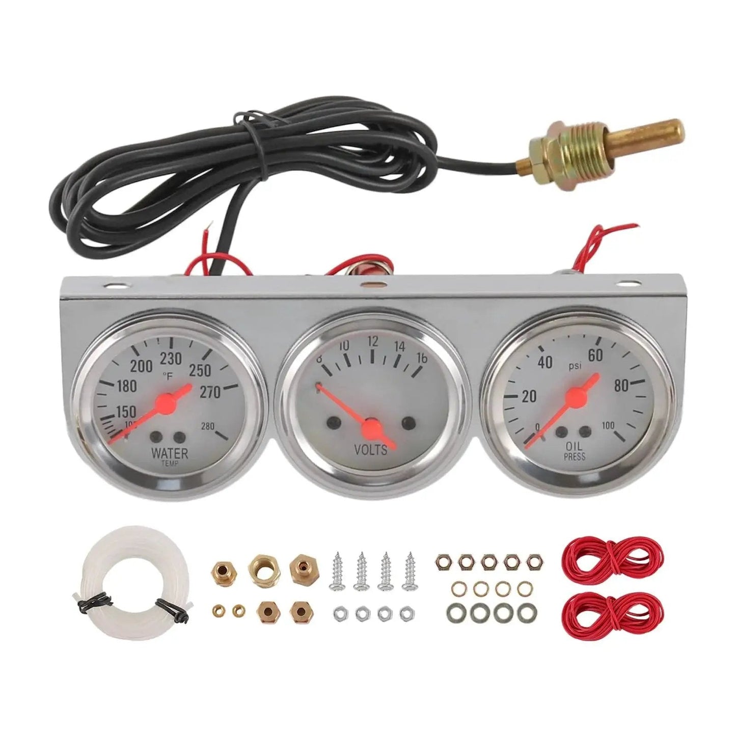 2 Inch Triple Gauge Kit With Oil Pressure Gauge 0-100 PSI, Water Temperature Gauge 100-280F, Voltmeter 8-16V, White Face Dial