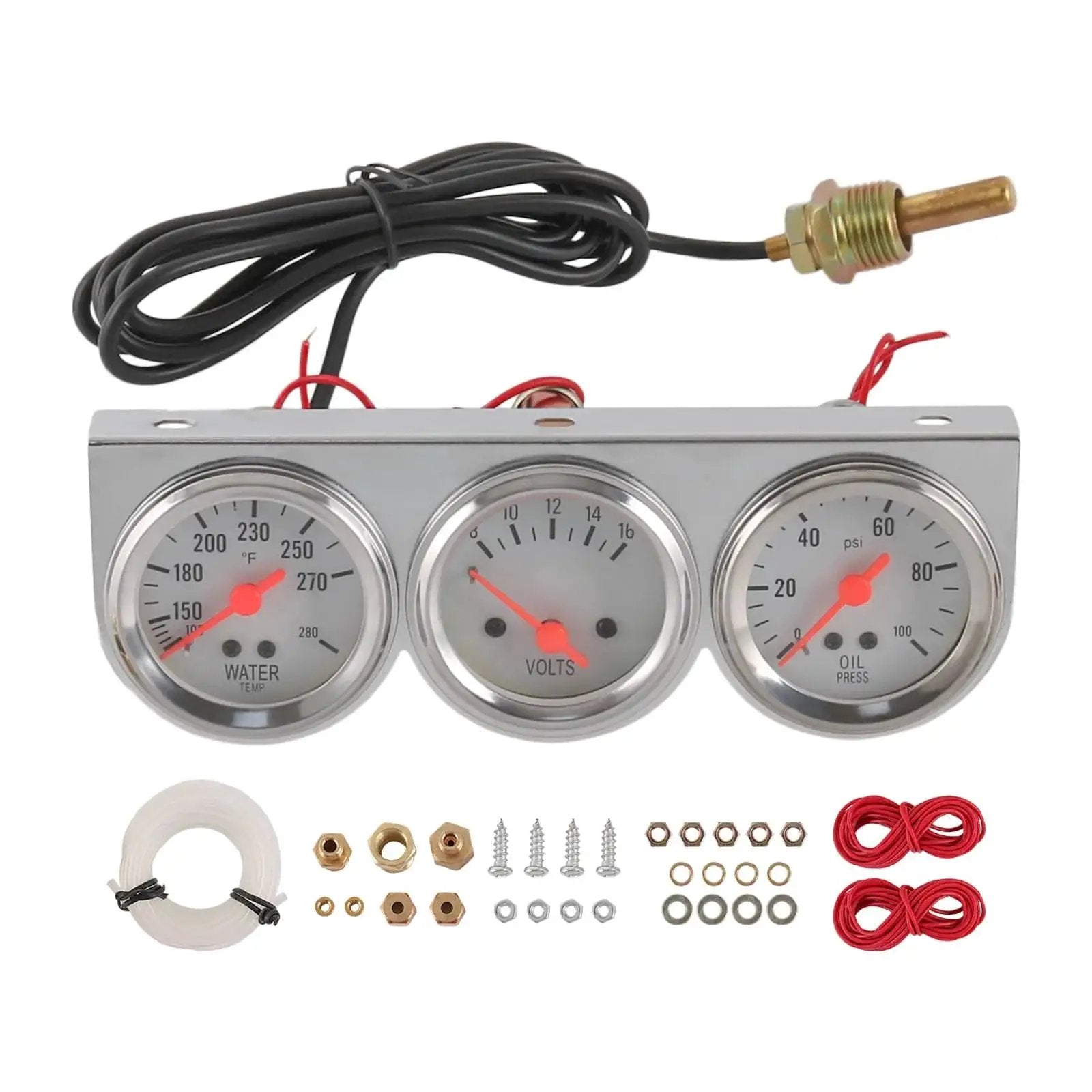 2 Inch Triple Gauge Kit With Oil Pressure Gauge 0-100 PSI, Water Temperature Gauge 100-280F, Voltmeter 8-16V, White Face Dial