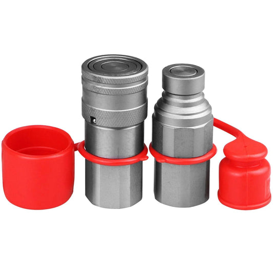 Universal Flat Face Hydraulic Quick Connect Couplers For Skid Steers Pro Grade Heavy Duty With Three Quarter Inch SAE Threads And One Half Body Dust Caps Interchangeable With Bobcat Case New Holland Kubota And Most Models
