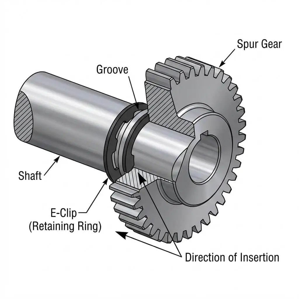 Illustration showing an E-clip retaining ring securing a gear on a shaft. M5 E Clip Retaining Ring Set For 5mm Shafts External Circlip Snap Ring Washers.