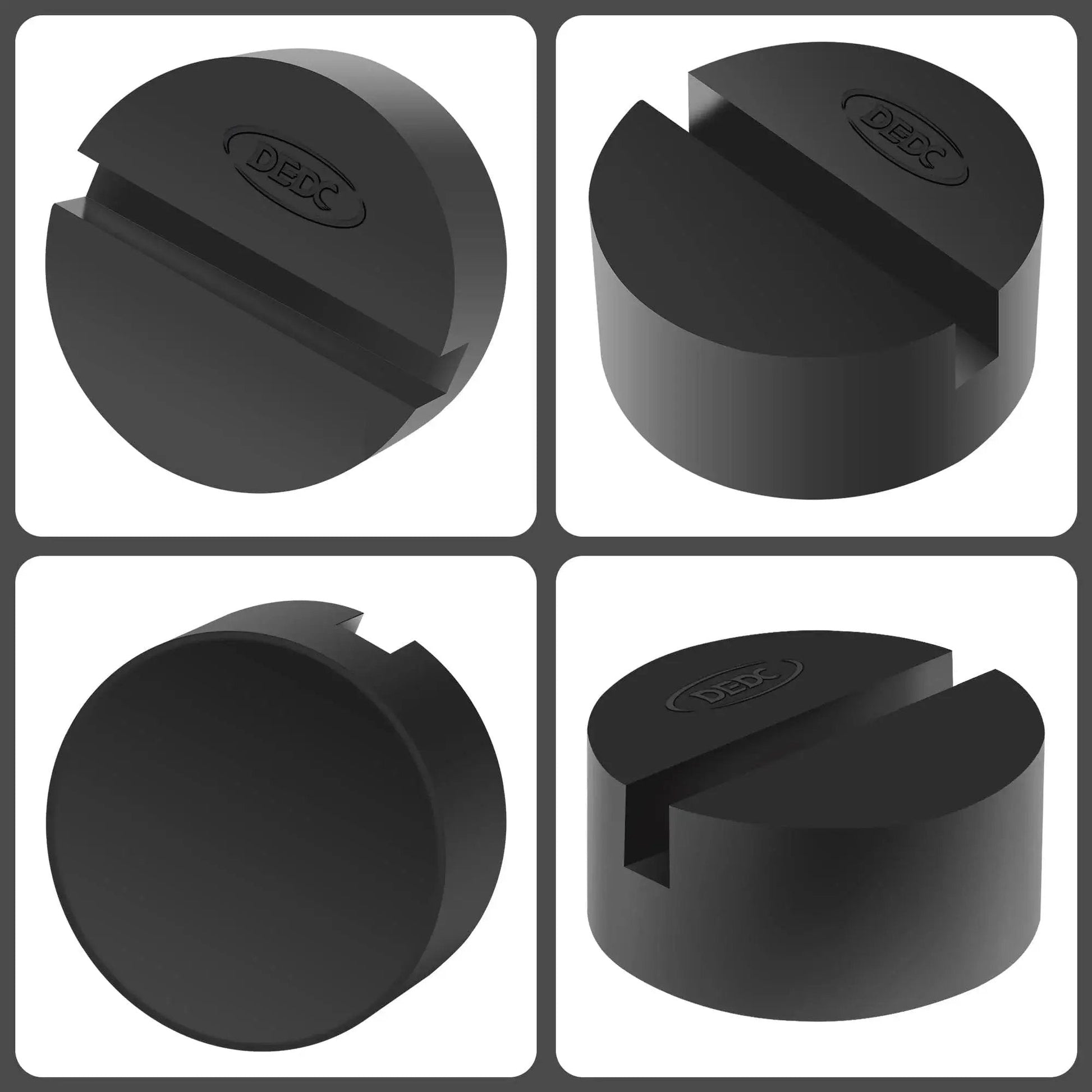 Universal Pinch Weld Jack Pad Adapter For Side Frame Rail Protector 2 Pack in black rubber, shown in different angles.