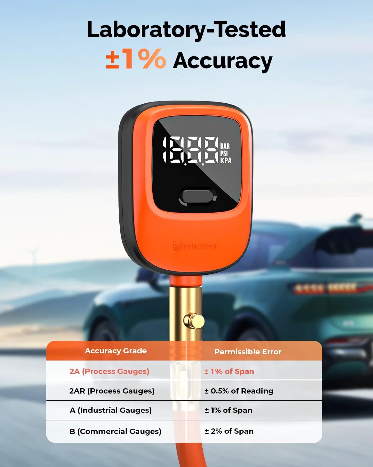 Digital Tire Pressure Gauge With Rubber Hose And Replaceable AA Batteries Delivers 0 To 250 PSI Readings ANSI B40 7 2A High Precision Plus Minus 1 Percent Pro Grade Accuracy For Cars Trucks SUVs And Bicycles shown with accuracy chart on screen