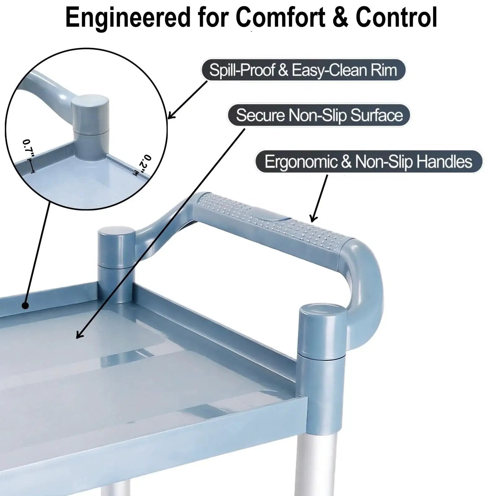 Close-up of Three Tier Rolling Utility Cart handle showing spill-proof rim and ergonomic non-slip handles.