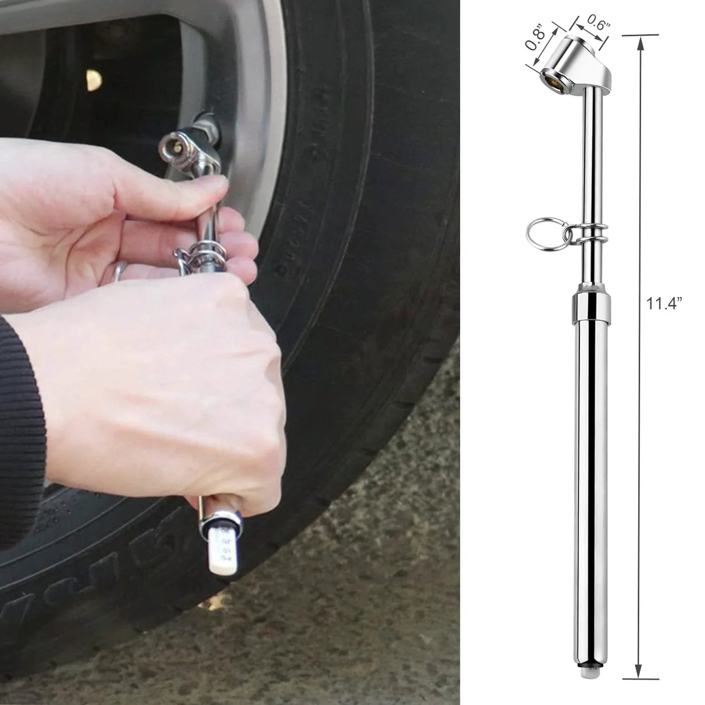 Person using Pen Style Truck Tire Pressure Gauge With Dual Head Chucks For Inner And Outer Wheels, 10 To 150 PSI Range, Heavy Duty Pen Gauge, Accurate ABS Scale, Pack Of 2 By Atsafepro on a vehicle tire, shown with dimensions and dual-head chucks.