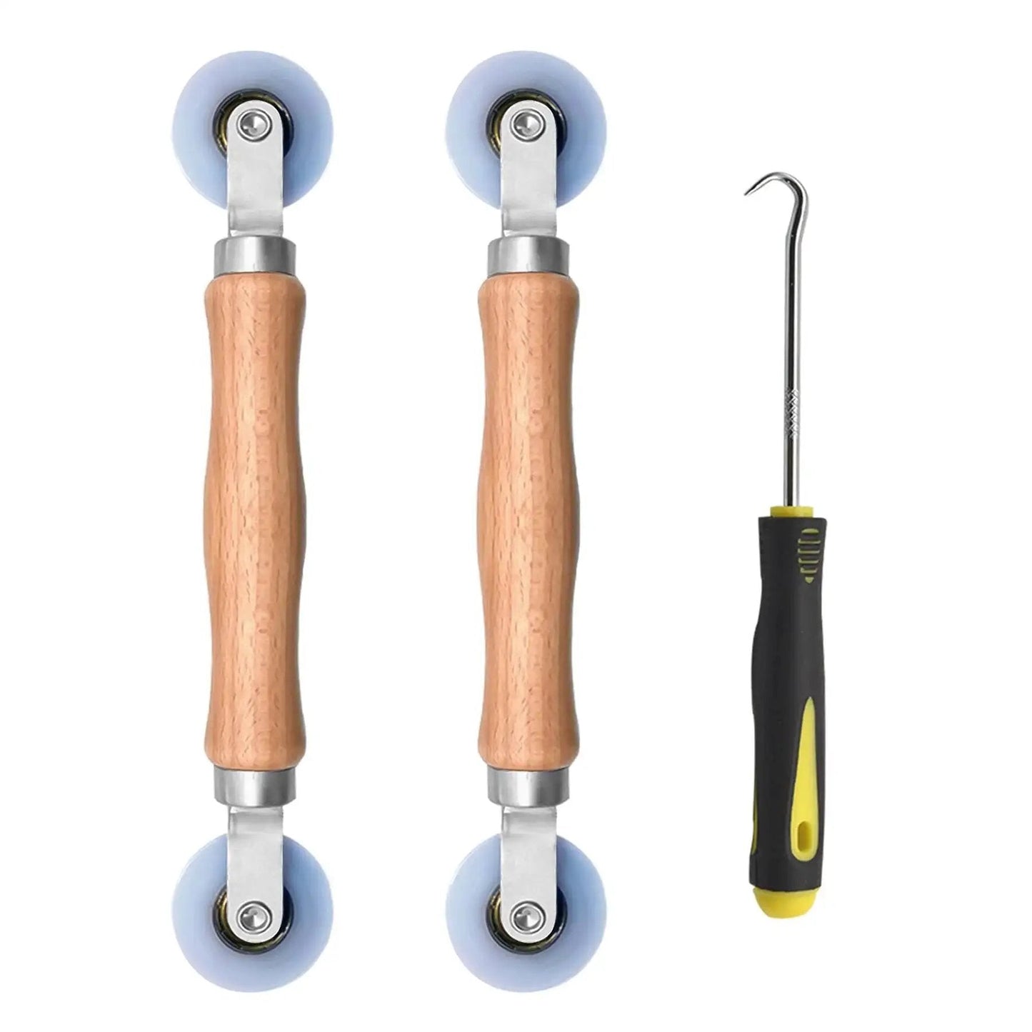 Three Piece Screen Tool Kit With Spline Roller Featuring Wooden Handle And Nylon Bearing Wheels For Window And Door Mesh Screens