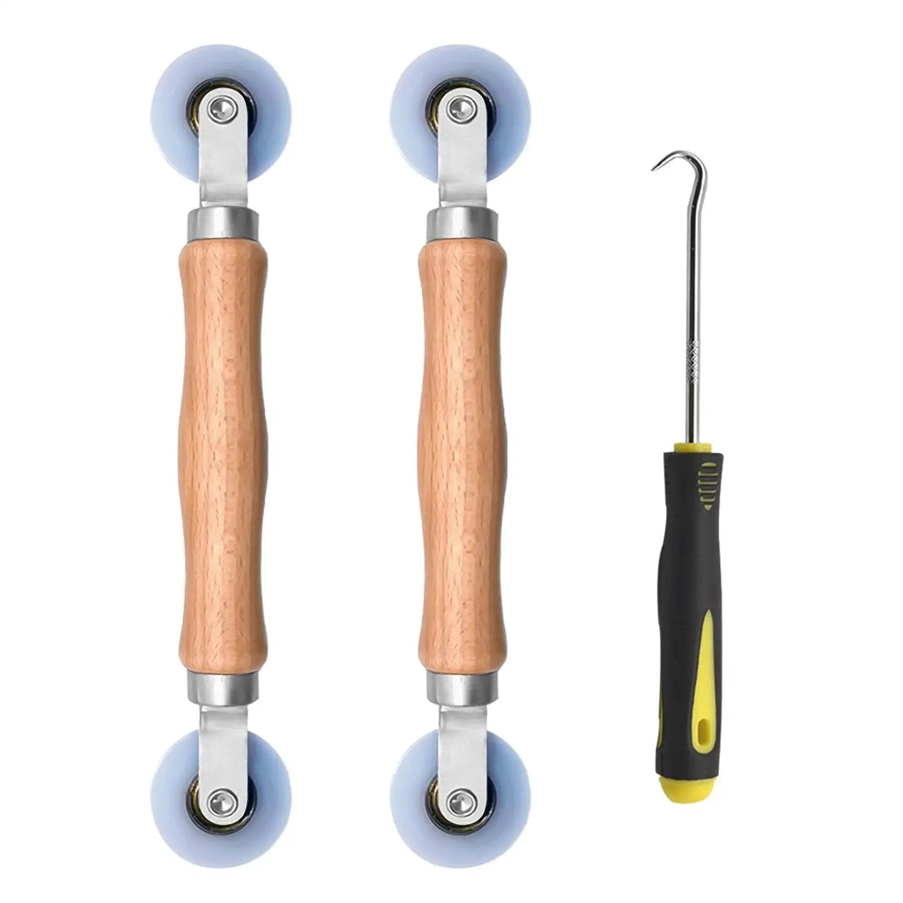 Three Piece Screen Tool Kit With Spline Roller Featuring Wooden Handle And Nylon Bearing Wheels For Window And Door Mesh Screens