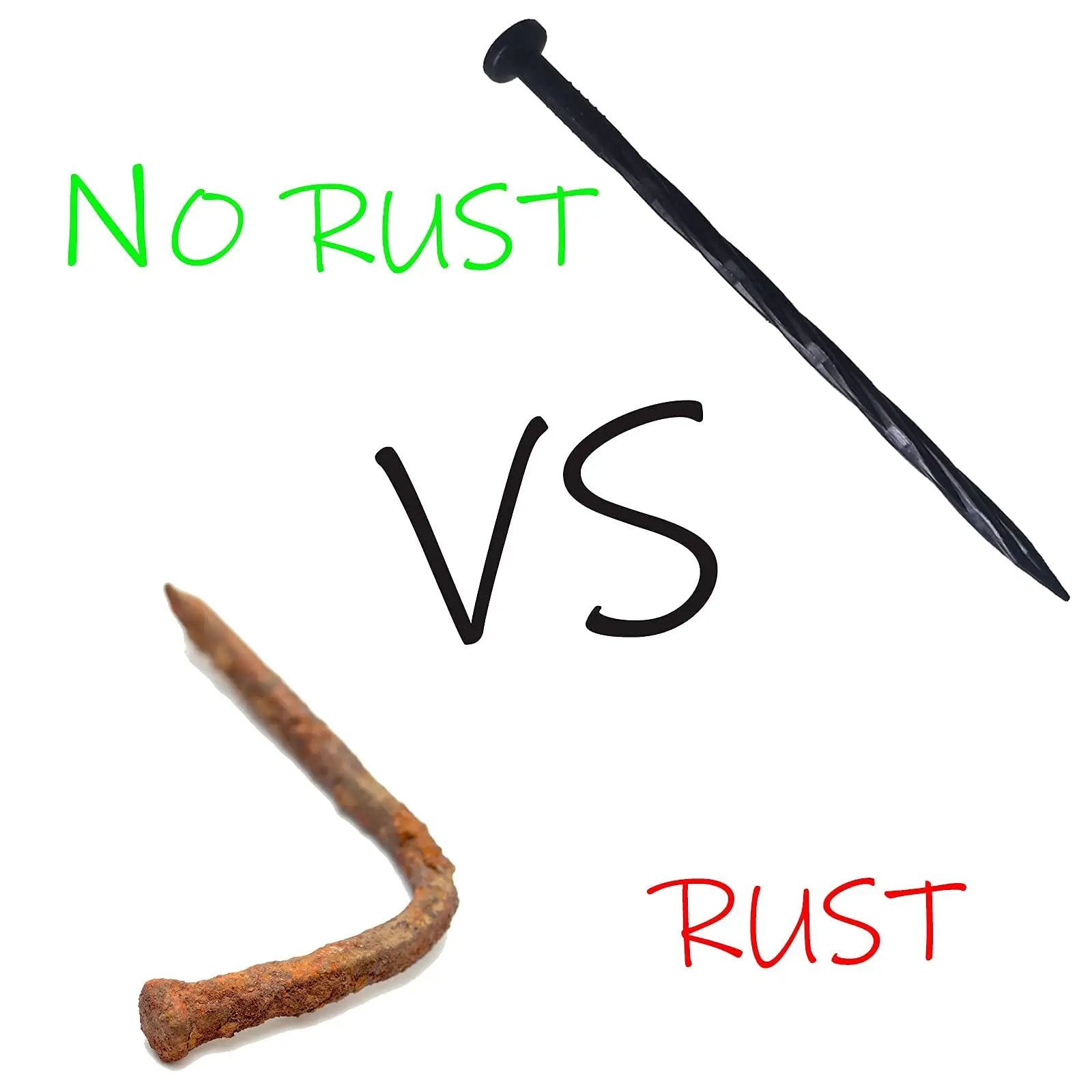 Comparison of a rusty nail and a black Spiral Nylon Landscape Anchoring Spike with text 'No Rust VS Rust'