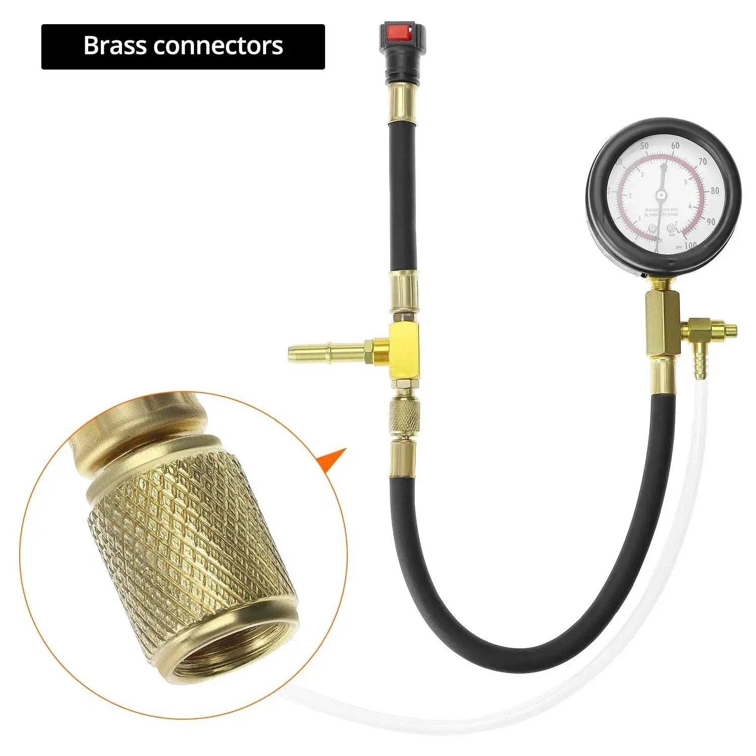 Universal Fuel Pressure Test Kit With Dual Gauge 0 To 7 Bar 0 To 100 PSI showing brass connectors and gauge.