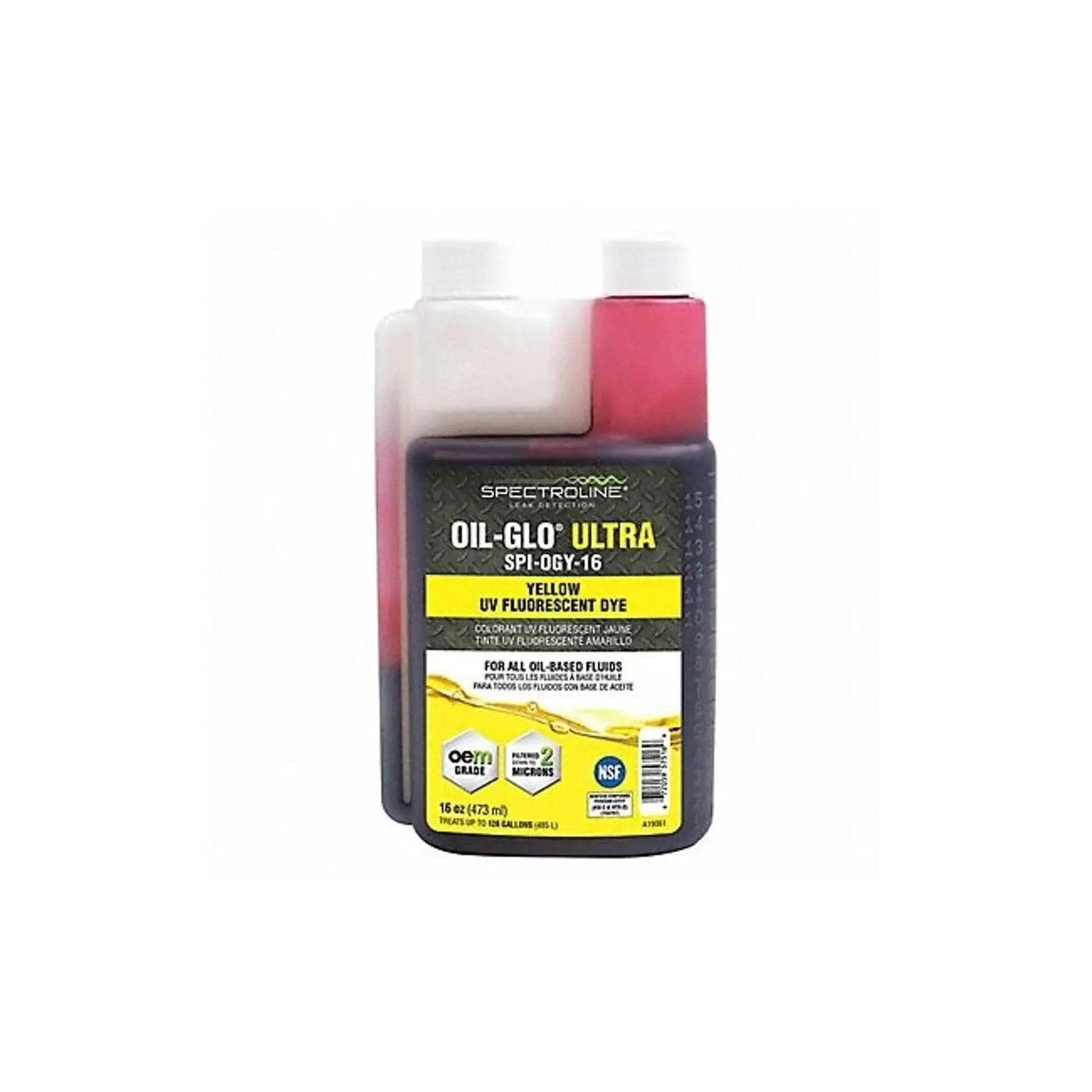 Oil-Glo 20-P Fluorescent Leak Detection Dye Glows Yellow for Leaks in a dual-chamber plastic bottle, front view.