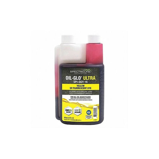 Oil-Glo 20-P Fluorescent Leak Detection Dye Glows Yellow for Leaks in a dual-chamber plastic bottle, front view.