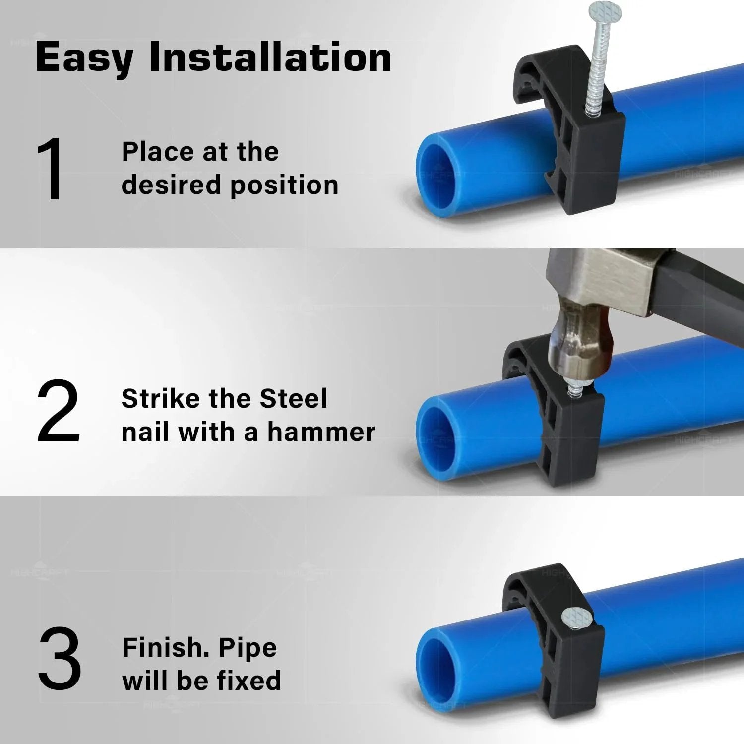 Half Clamp With Nail For PEX Tubing Support One Half Inch Black Durable Plastic Easy To Install With Grip Friction Ring steps