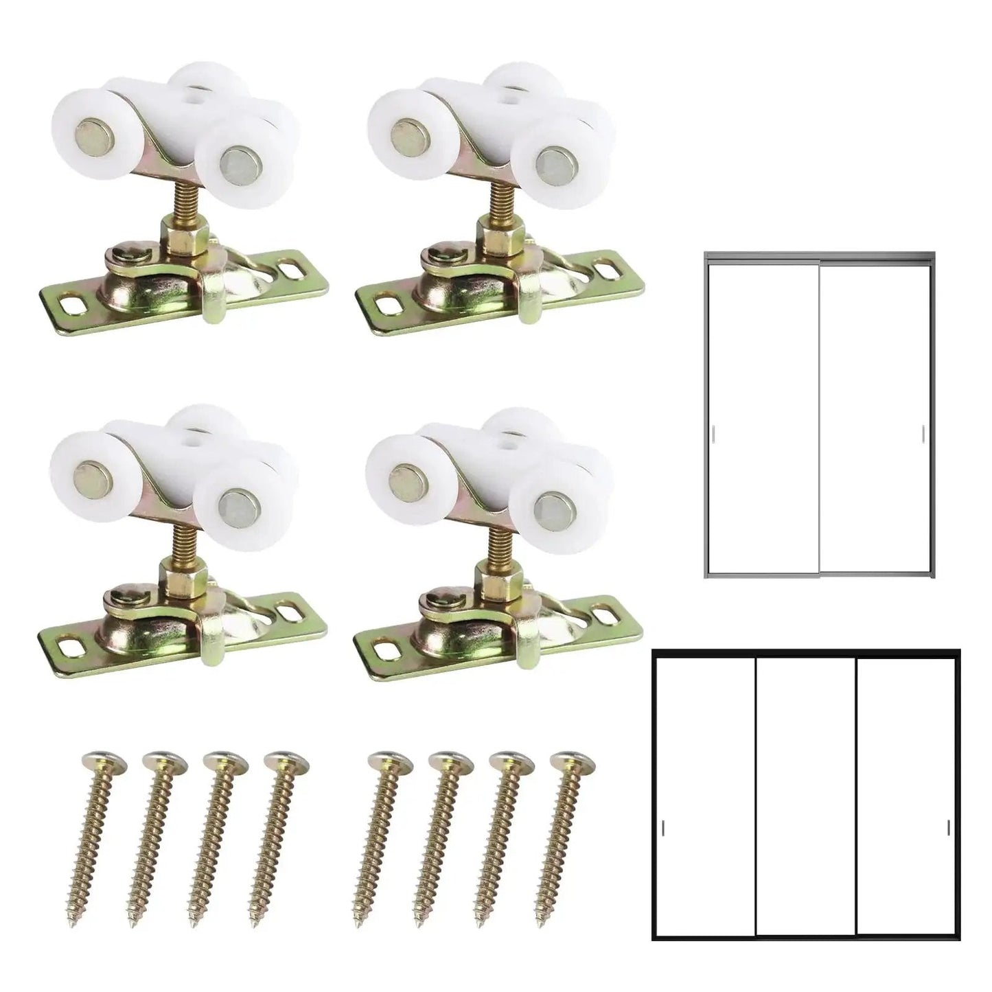 4Pcs Sliding Pocket Door Rollers Assembly For Hardware Kit Replacement With Top Hanger Visible with screws and door diagrams