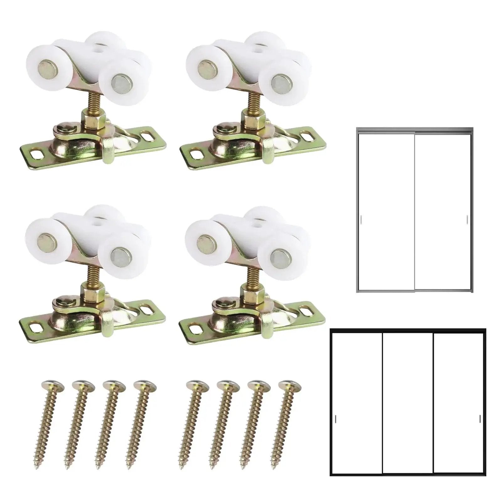4Pcs Sliding Pocket Door Rollers Assembly For Hardware Kit Replacement With Top Hanger Visible with screws and door diagrams
