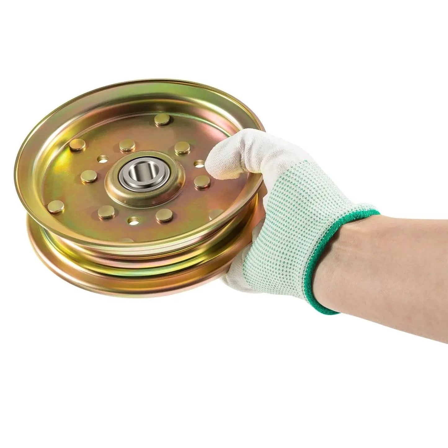Universal Idler Pulley Assembly Replacement Kit for Bush Hog Finish Mowers in a hand, showing size and design